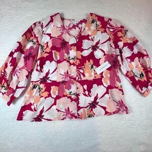 Liz Claiborne XL Floral Blouse Pink White Y2K 3/4 Sleeve Peplum Top NWT